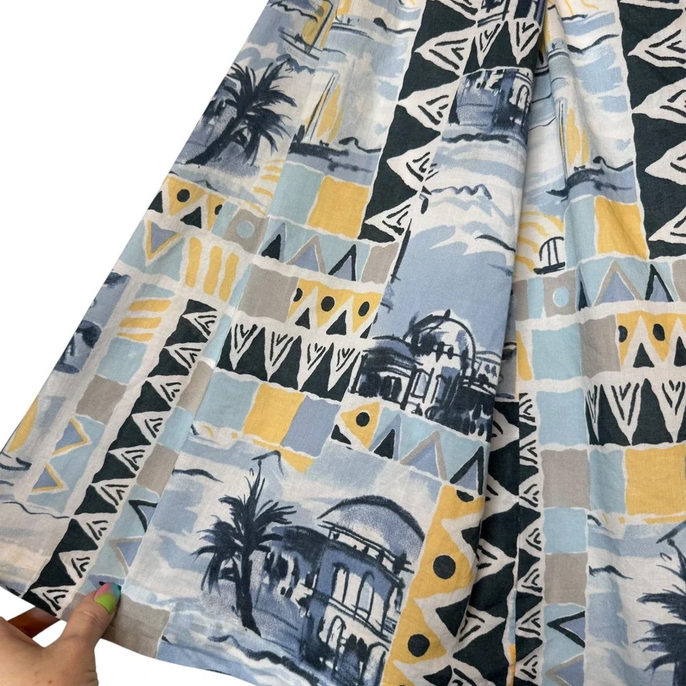 Feneuve Design Cotton Travel Motif Print Midi A-Line Button Skirt sz 40 / US 2